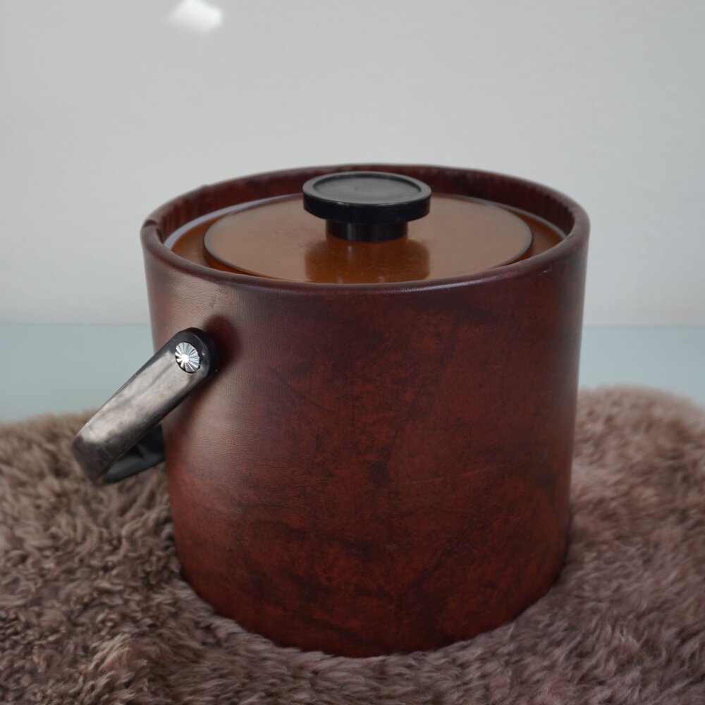 Vintage Ice Bucket Faux Brown Leather